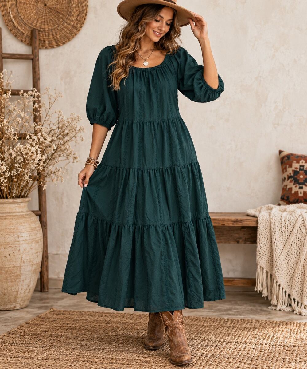 Universal Thread Tiered Maxi Peasant Emerald Teal Dress Cottage Renfaire Size M